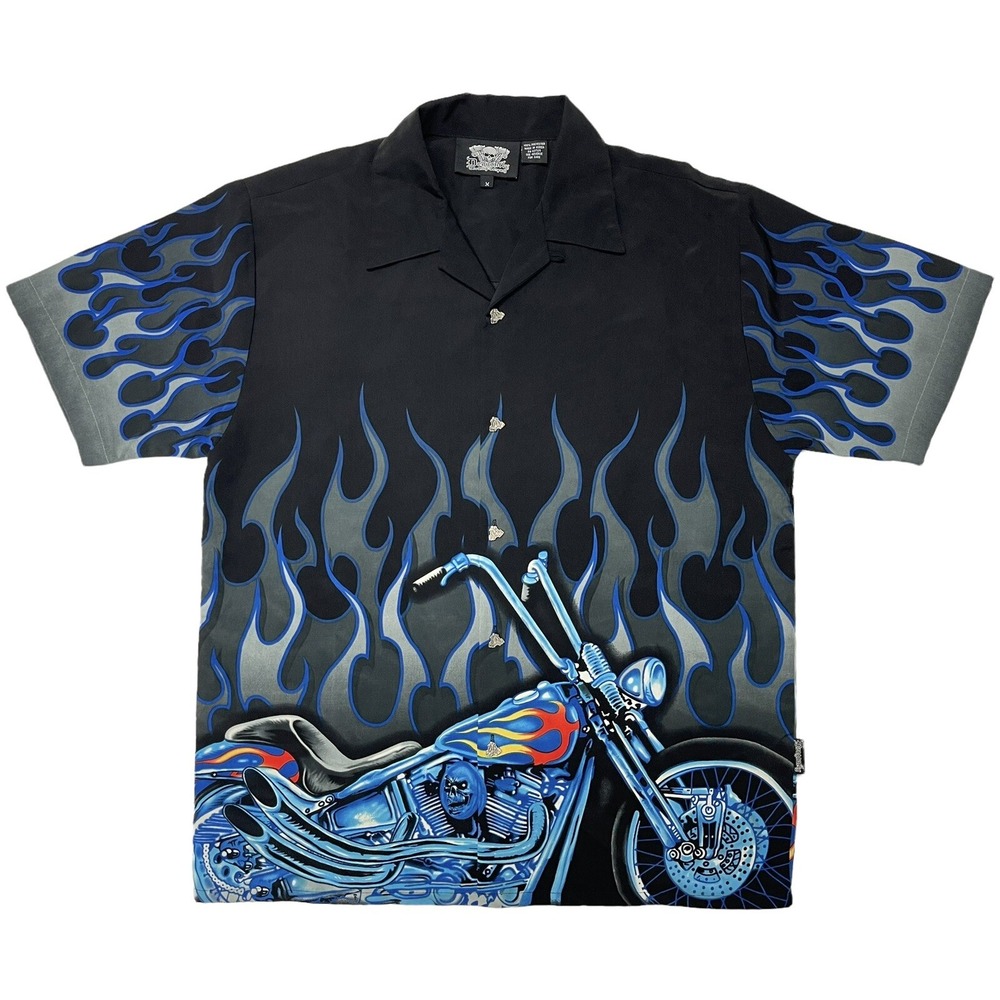 Dragonfly Blue Flame Motorcycle Button-Up Shirt Men's Medium Vintage 90s